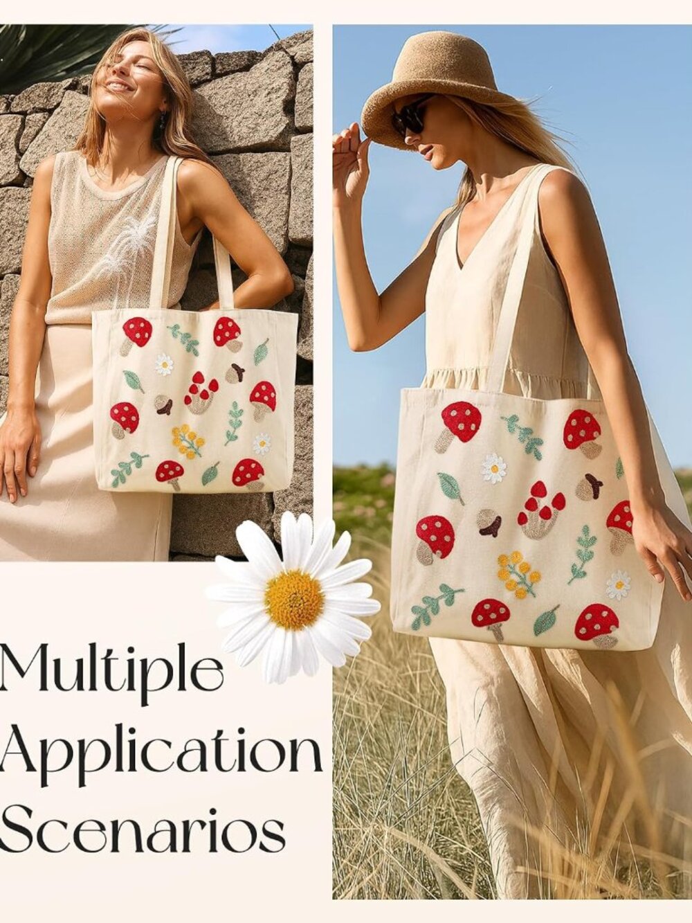 Embroidery Tote Bag with Pocket & Buckle - Reusable Canvas Tote for Women Cute A - Picture 6 of 6